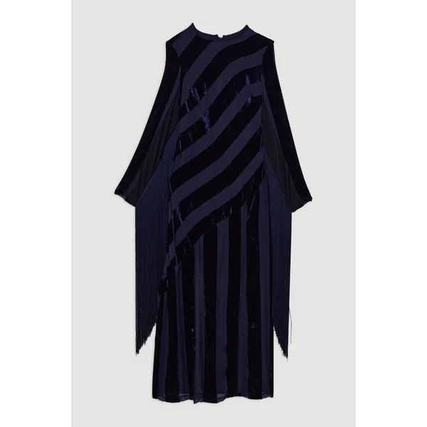 Robe maxi tissée en velours dévore à franges à manches longues