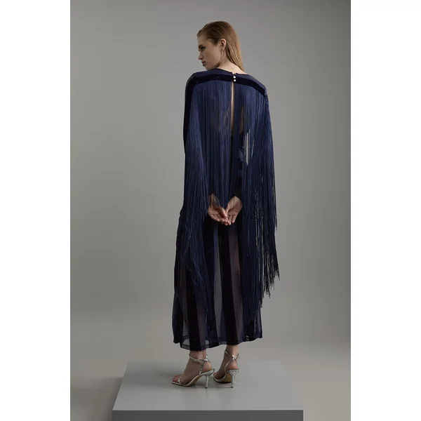 Robe maxi tissée en velours dévore à franges à manches longues