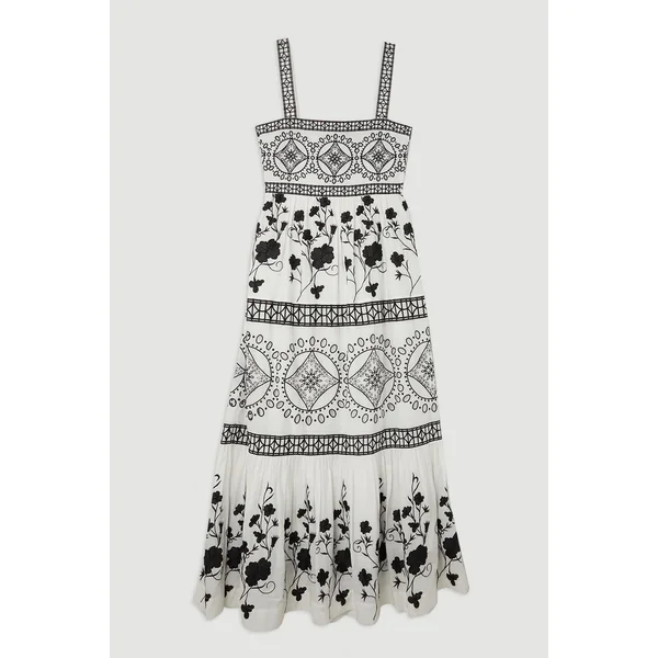 Robe maxi tissée à broderie florale et géométrique
