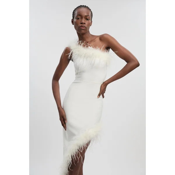 Robe Maxi Tricot Bandage Ajustante à Plumes Petite Taille