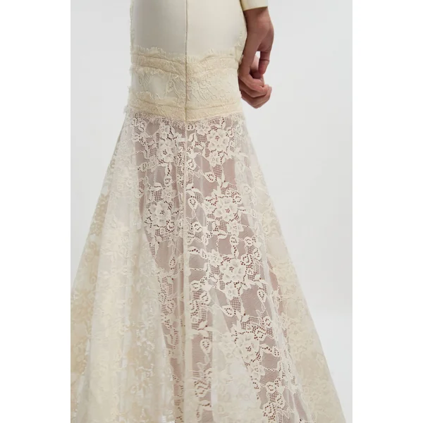 Robe Maxi Tricot Moulante à Bandage et Dentelle Mélangée