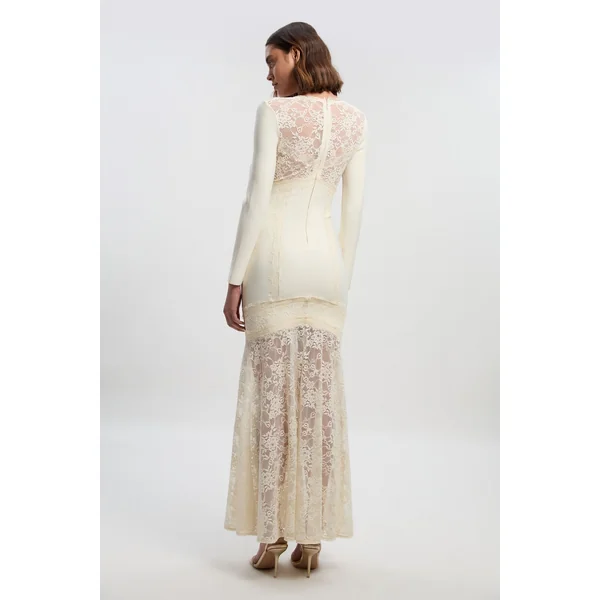 Robe Maxi Tricot Moulante à Bandage et Dentelle Mélangée