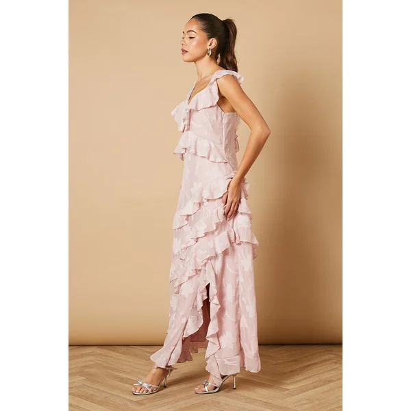Robe Maxi à Imprimé Jacquard et Volants