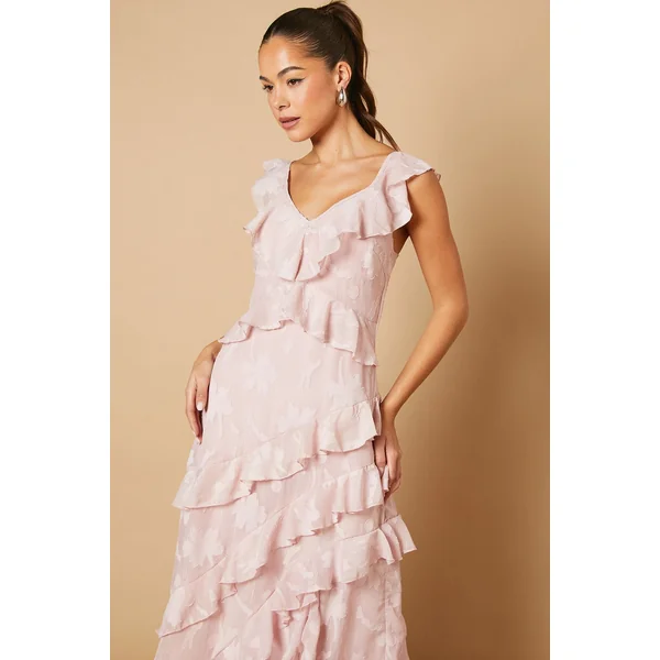 Robe Maxi à Imprimé Jacquard et Volants