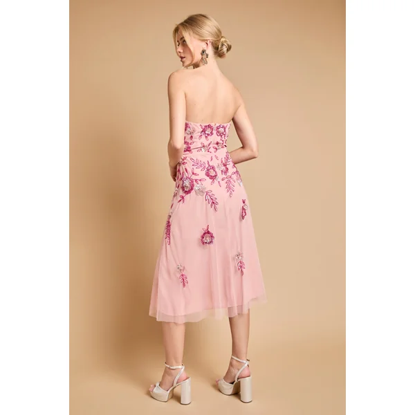 Robe Midi Bustier Premium À Ornements Floraux En Cascade