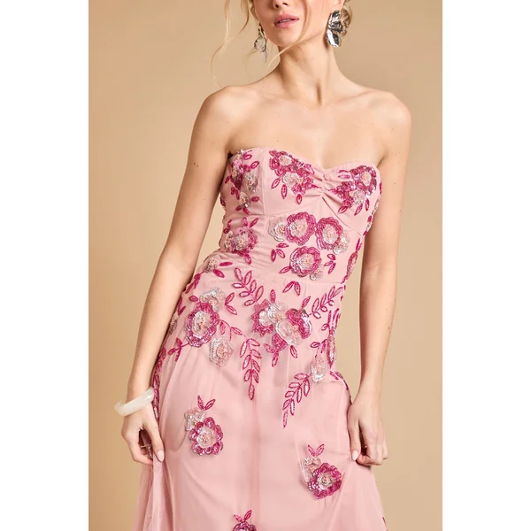 Robe Midi Bustier Premium À Ornements Floraux En Cascade