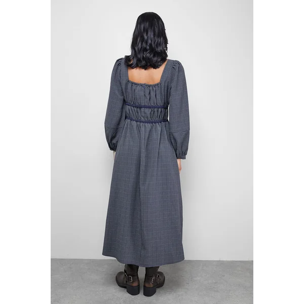 Robe Midi Carrée à Carreaux avec Liens Devant