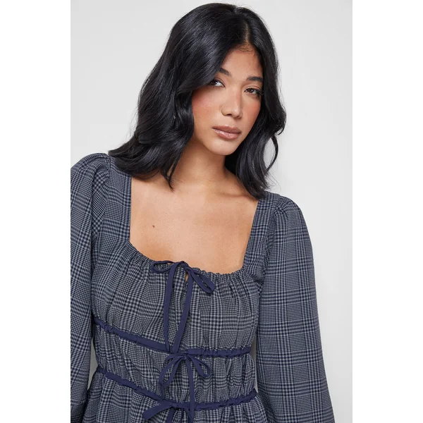 Robe Midi Carrée à Carreaux avec Liens Devant
