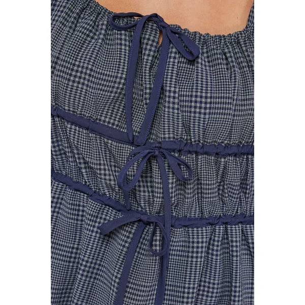 Robe Midi Carrée à Carreaux avec Liens Devant