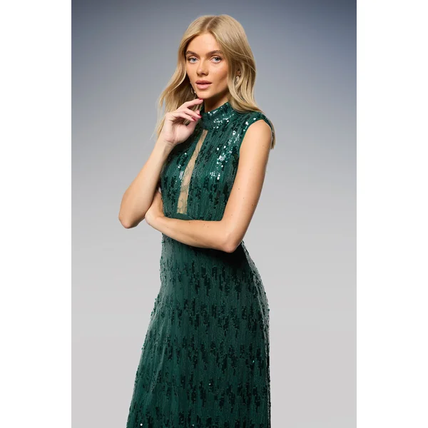 Robe Midi Col Montant à Épaulettes avec Insert en Dentelle Pailletée