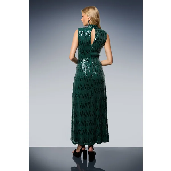Robe Midi Col Montant à Épaulettes avec Insert en Dentelle Pailletée