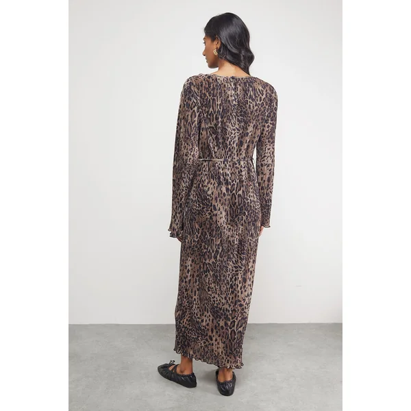 Robe Midi Colonne Plissée avec Ceinture