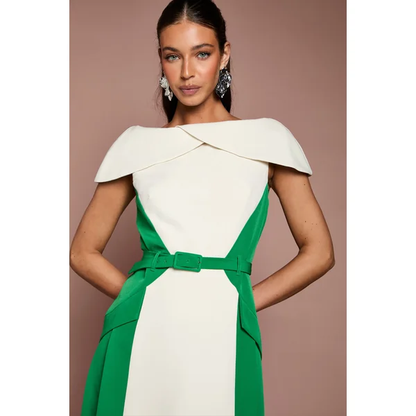 Robe Midi En Crêpe À Blocs De Couleur Et Encolure Bardot