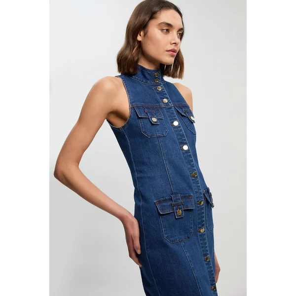 Robe Midi En Denim Sans Manches Avec Détails Boutonnés