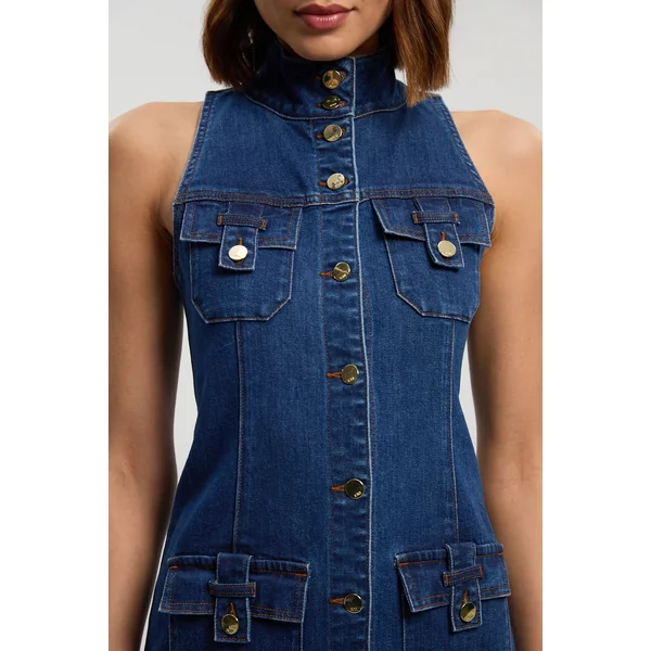 Robe Midi En Denim Sans Manches Avec Détails Boutonnés