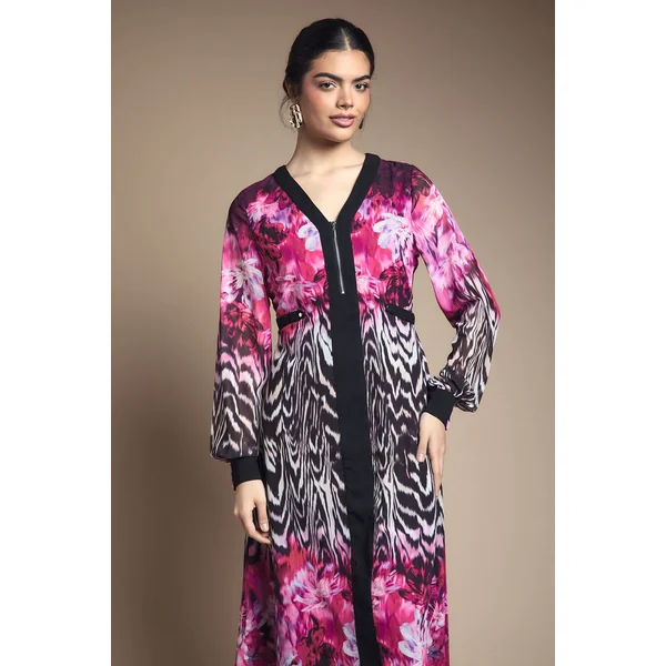 Robe Midi en Mousseline à Fermeture Éclair et Motifs Animaux Floraux