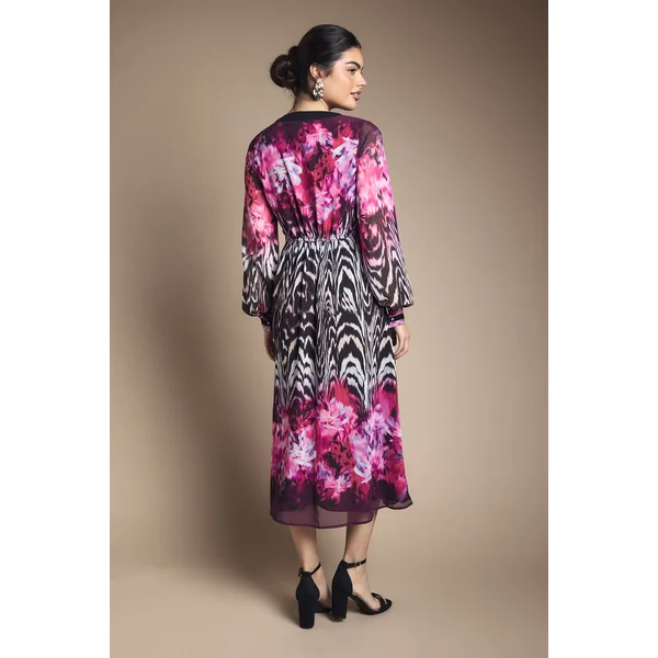 Robe Midi en Mousseline à Fermeture Éclair et Motifs Animaux Floraux