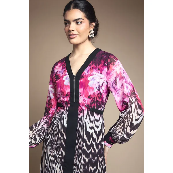 Robe Midi en Mousseline à Fermeture Éclair et Motifs Animaux Floraux