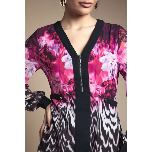 Robe Midi en Mousseline à Fermeture Éclair et Motifs Animaux Floraux