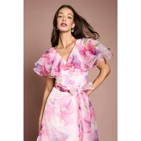 Robe Midi en Organza Imprimé à Manches Volantées