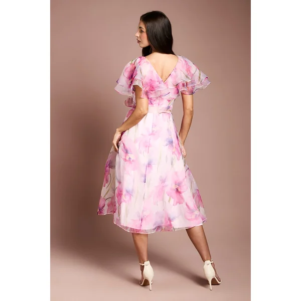 Robe Midi en Organza Imprimé à Manches Volantées