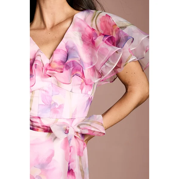 Robe Midi en Organza Imprimé à Manches Volantées