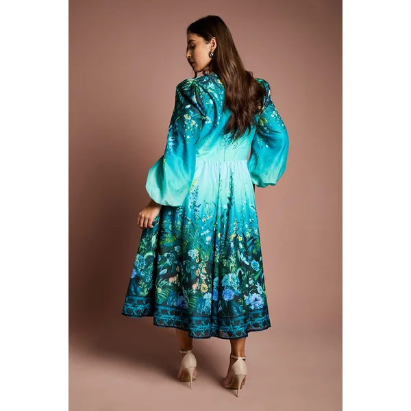 Robe Midi Grande Taille à Col V et Manches Longues avec Imprimé Placé en Organza