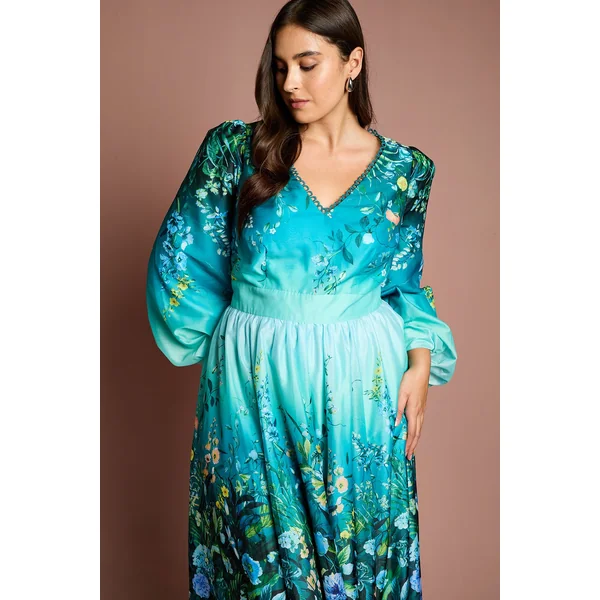 Robe Midi Grande Taille à Col V et Manches Longues avec Imprimé Placé en Organza