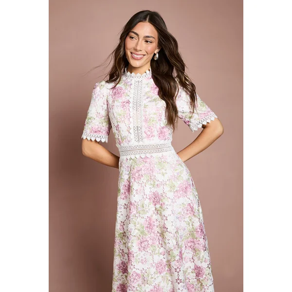 Robe Midi Imprimée En Dentelle À Manches Courtes Avec Détails De Finition