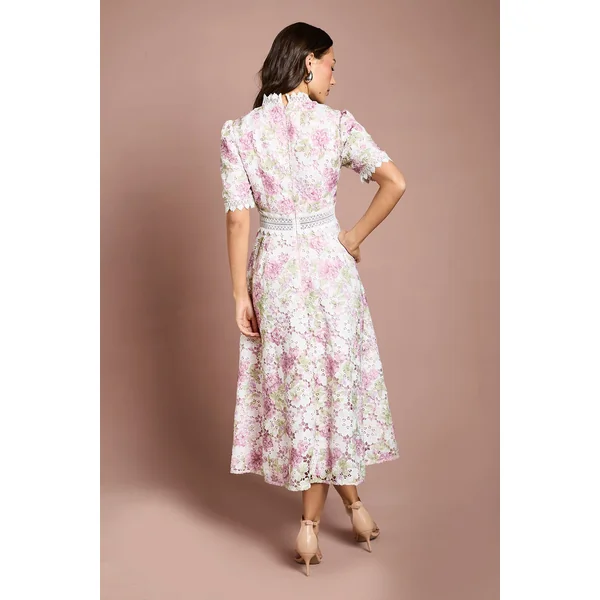 Robe Midi Imprimée En Dentelle À Manches Courtes Avec Détails De Finition