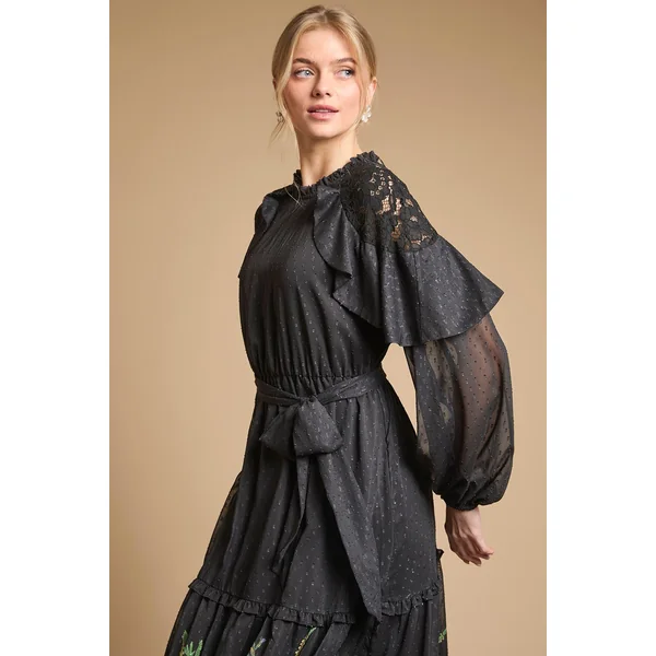 Robe Midi Imprimée En Mousseline Avec Cape Et Taille Ceinturée