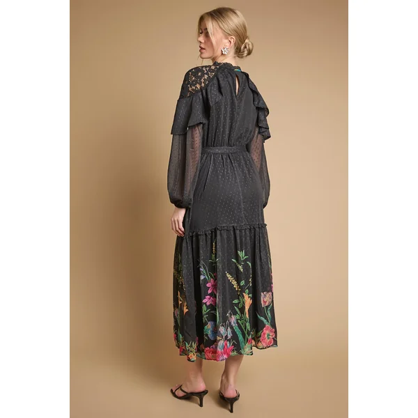 Robe Midi Imprimée En Mousseline Avec Cape Et Taille Ceinturée