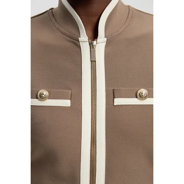 Robe Midi Militaire Moulante en Maille Bandage avec Détails de Passepoil