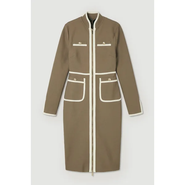 Robe Midi Militaire Moulante en Maille Bandage avec Détails de Passepoil