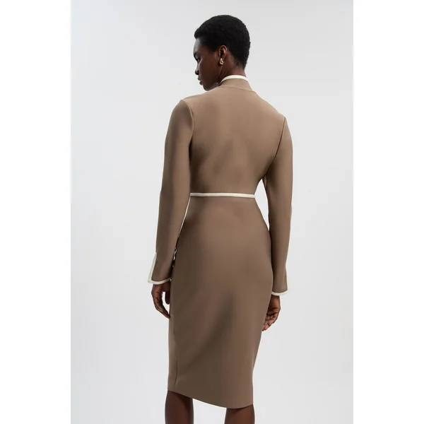 Robe Midi Militaire Moulante en Maille Bandage avec Détails de Passepoil