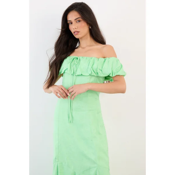 Robe Midi Paysanne En Jacquard Satin Viscose Avec Épaules Dénudées Et Empiècements Godets