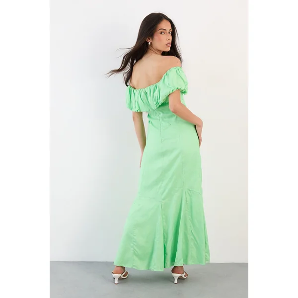 Robe Midi Paysanne En Jacquard Satin Viscose Avec Épaules Dénudées Et Empiècements Godets