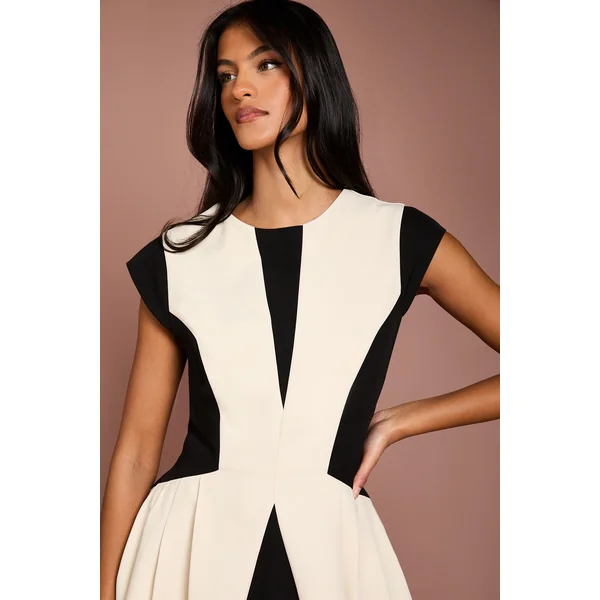Robe Midi Petite en Crêpe à Blocs de Couleur