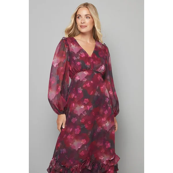 Robe Midi Petite à Imprimé Floral en Satin avec Ourlet à Volants
