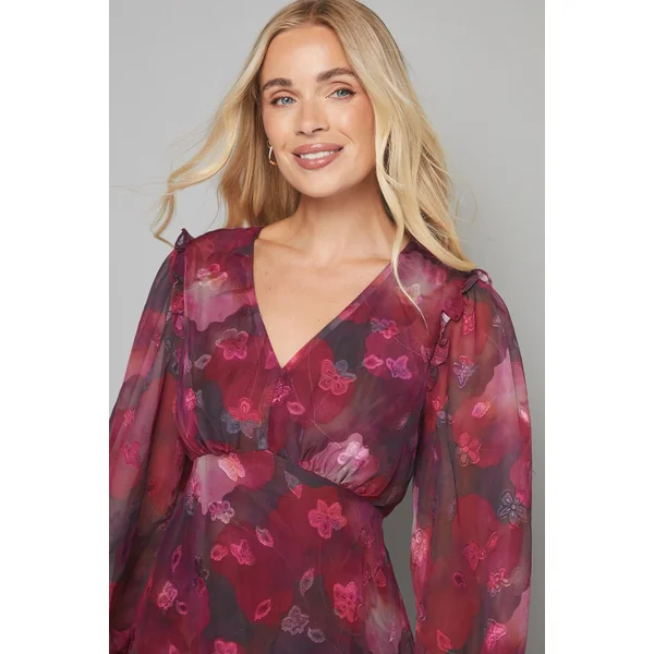 Robe Midi Petite à Imprimé Floral en Satin avec Ourlet à Volants
