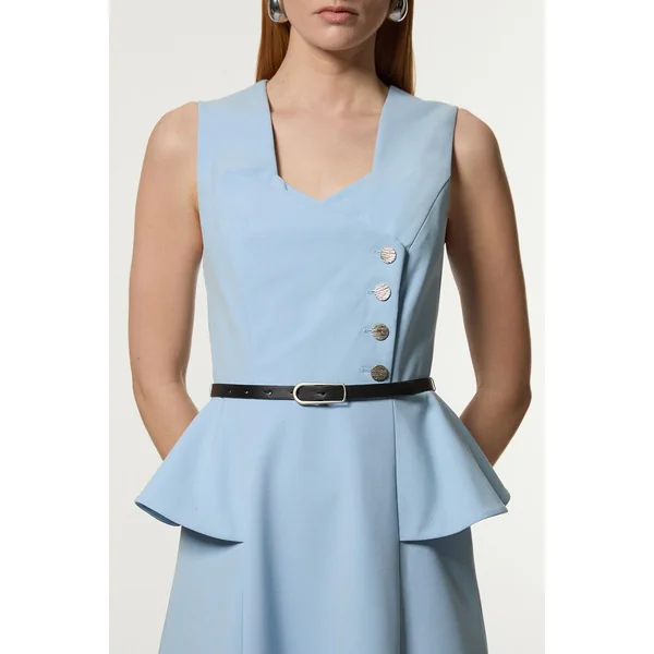 Robe Midi Petite À Jupe Évasée Avec Ceinture Et Détail Péplum En Tissu Stretch Compact