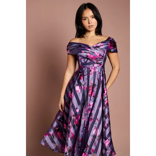 Robe Midi Plissée en Organza Rayé Petite Taille