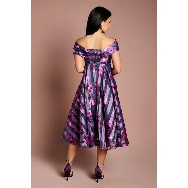 Robe Midi Plissée en Organza Rayé Petite Taille