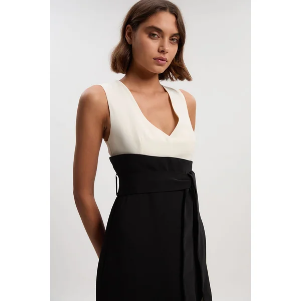 Robe Midi Plissée sur les Côtés à Blocs de Couleurs Coupe Ajustée Souple