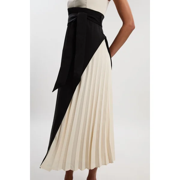 Robe Midi Plissée sur les Côtés à Blocs de Couleurs Coupe Ajustée Souple