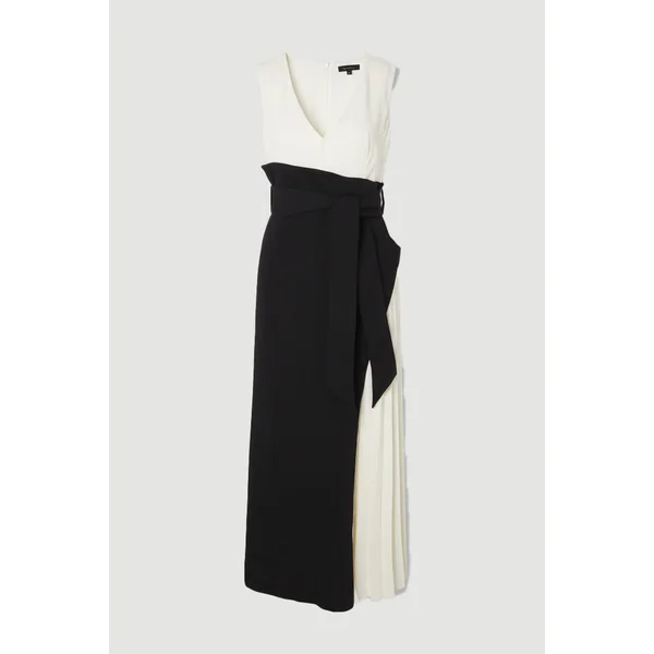 Robe Midi Plissée sur les Côtés à Blocs de Couleurs Coupe Ajustée Souple