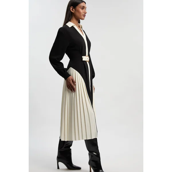 Robe Midi Plissée à Ceinture en Crêpe Tailleur avec Blocs de Couleur