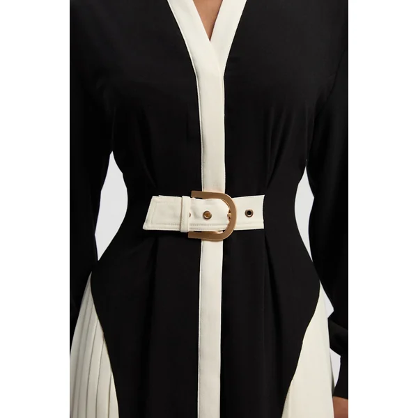 Robe Midi Plissée à Ceinture en Crêpe Tailleur avec Blocs de Couleur
