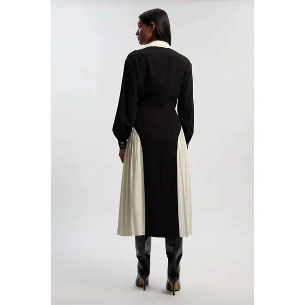 Robe Midi Plissée à Ceinture en Crêpe Tailleur avec Blocs de Couleur
