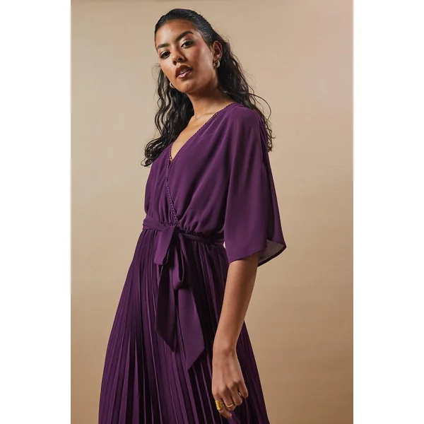 Robe Midi Plissée à Manches Kimono Petite Occasion